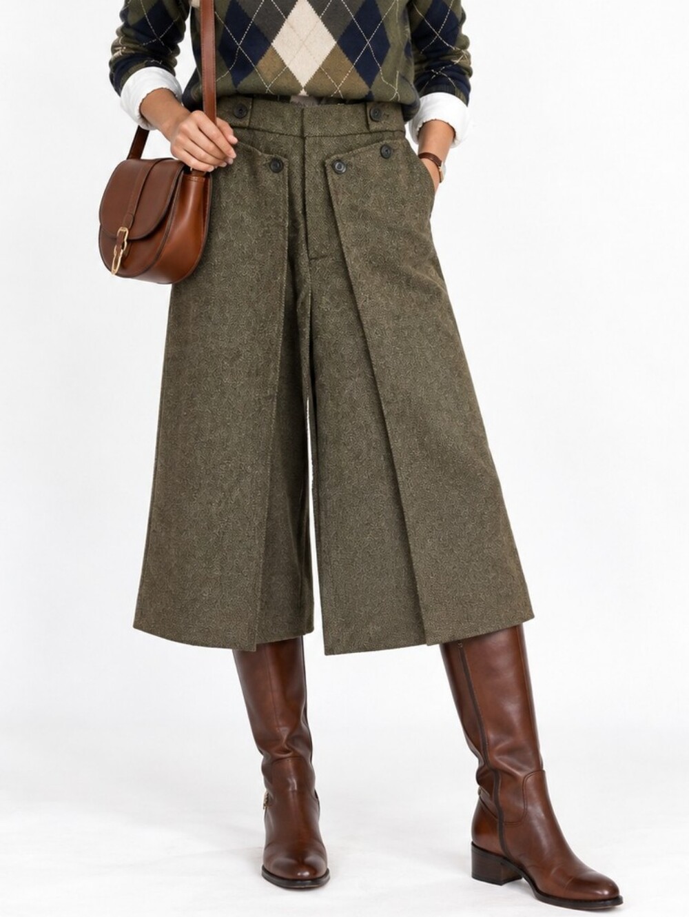 Banana Republic Gaucho Pants Wool Olive Green Herringbone With Chap Like Overlay